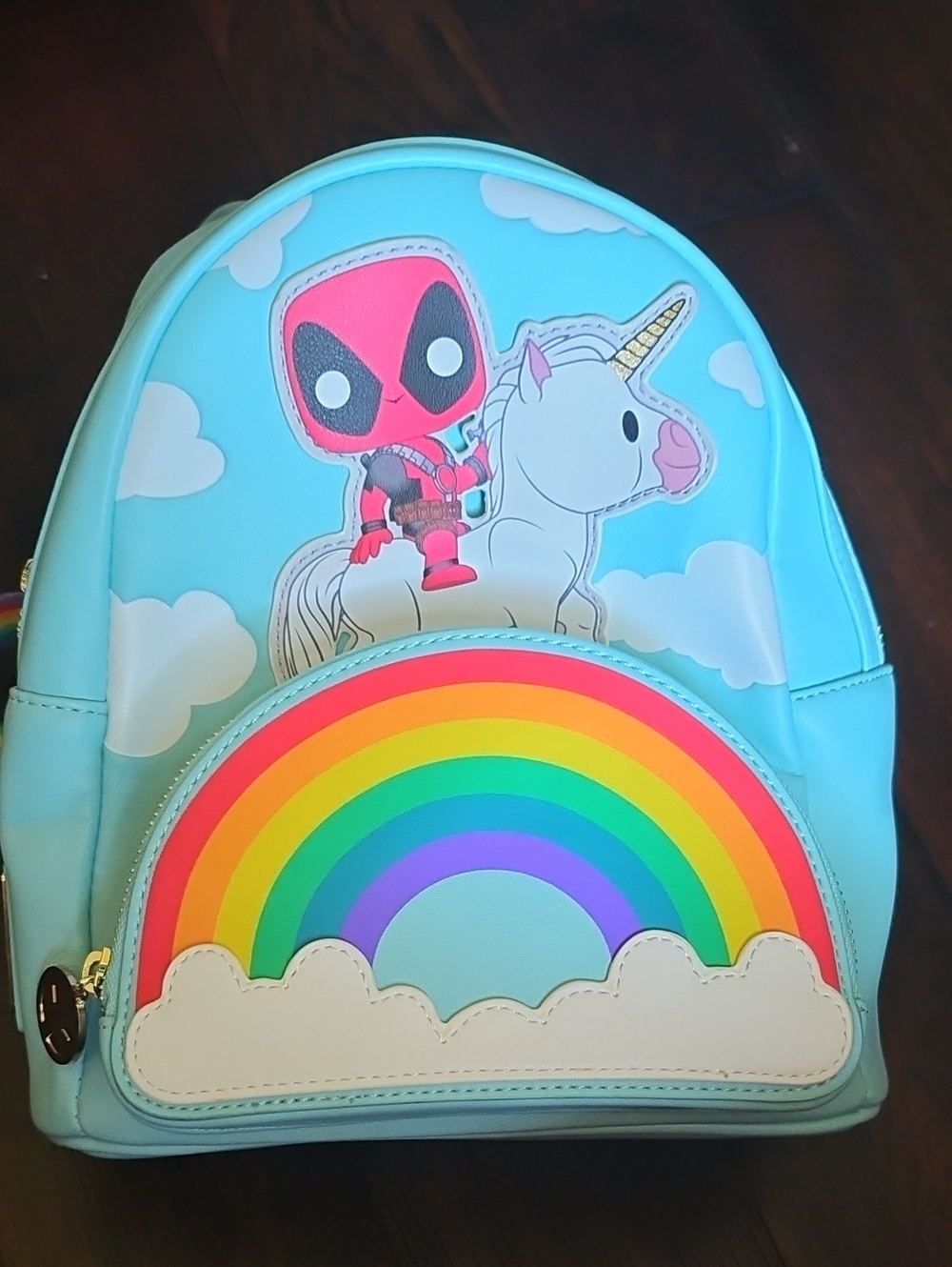 Loungefly Blue Kids Backpack with Rainbow & Unicorn Deadpool